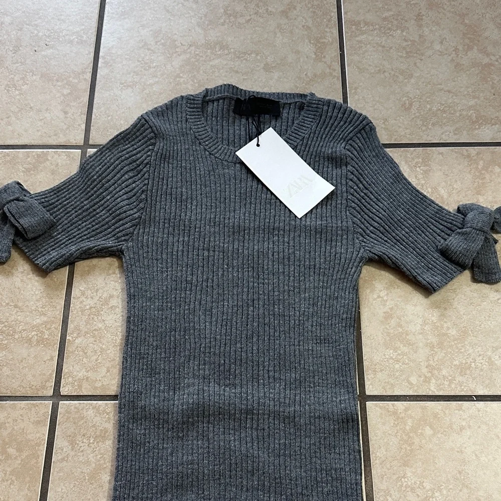 Zara Gray Ribbed Sweater with Sleeve Bows